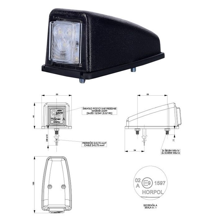 Svítilna poziční přední 12V/24V 0,5/1W 3xLED bílá, kabel 0,25m