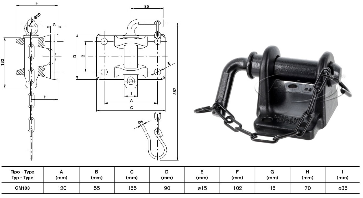 Závěs tažný 120x55 čep 34mm ORLANDI typ GM-103