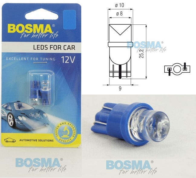 Žárovka celosklo LED 12V 1,2W T05 modrá BOSMA - sada 2 ks