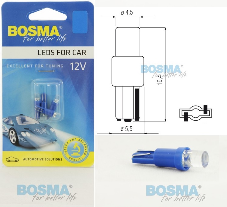 Žárovka celosklo LED 12V 1,2W T05 modrá BOSMA - sada 4 ks