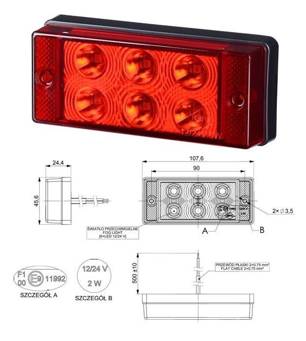 Svítilna mlhová 12V/24V 6xLED 2W, kabel 0,5m