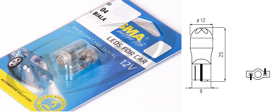 Žárovka celosklo 12V 3xLED standard T10 bílá 6000K - sada 2 ks