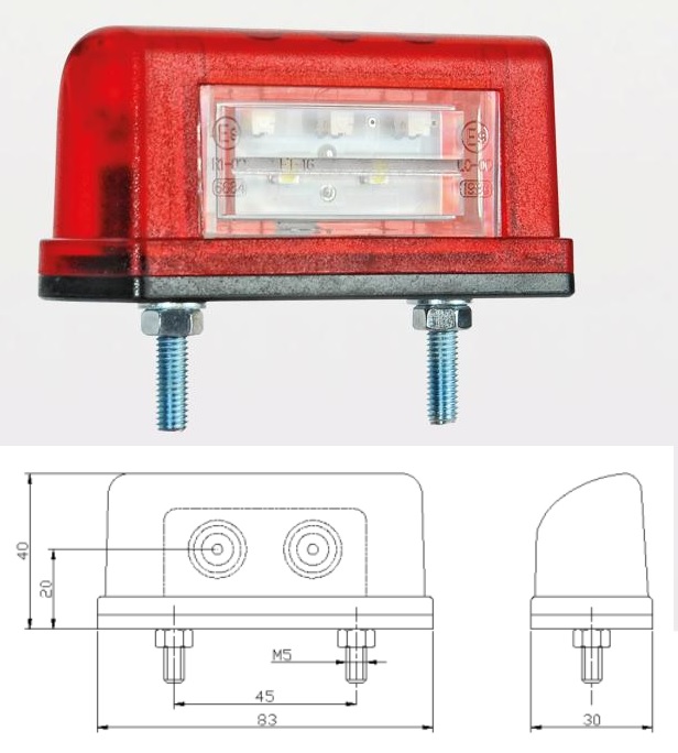 Osvětlení SPZ boční 12V/24V 0,75/1,5W LED nízká s poziční svítilnou, kabel 0,3m