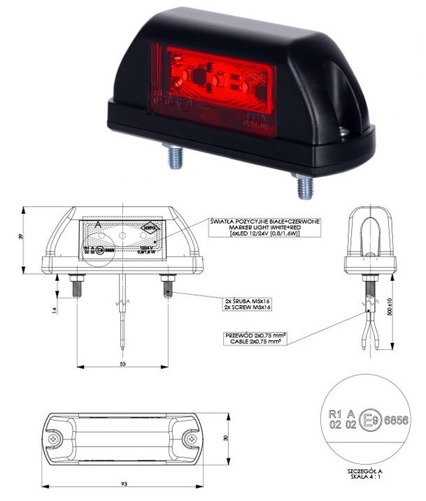 Svítilna poziční 12V/24V univerzální LD703 LED půlkulatá č/b, kabel 0,5m