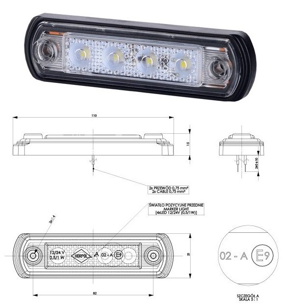Svítilna poziční 12V/24V 0,5W/1W 4xLED bílá, kabel 0,25m