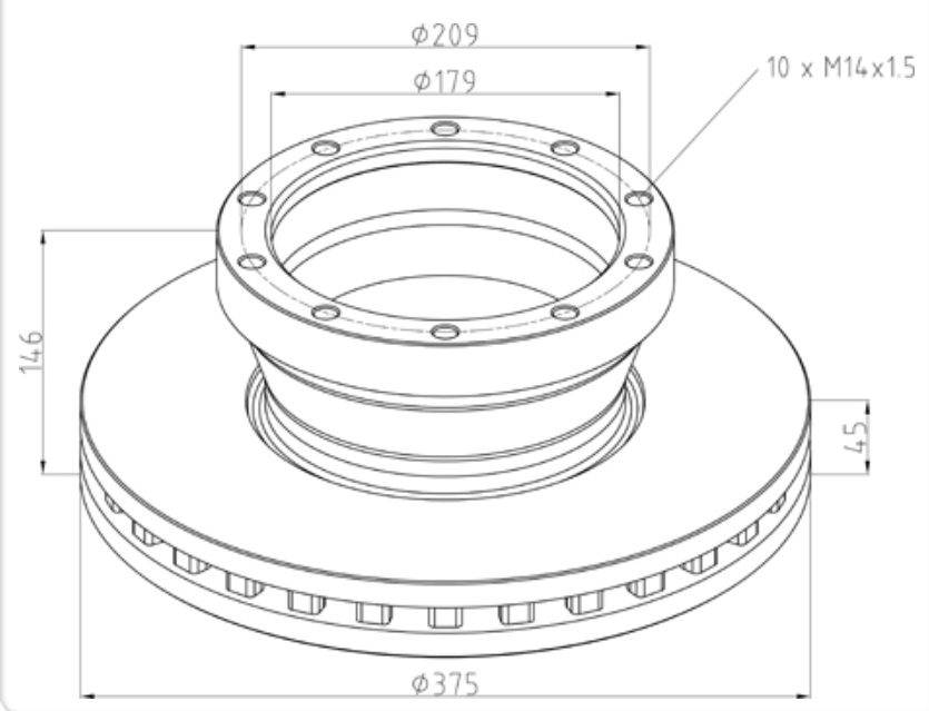 Kotouč brzdový 374x45x146 s kroužkem ABS ZN DAF LF55
