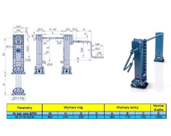 Noha podpěrná návěsu 800x470 BPW / podpěra typ "S"