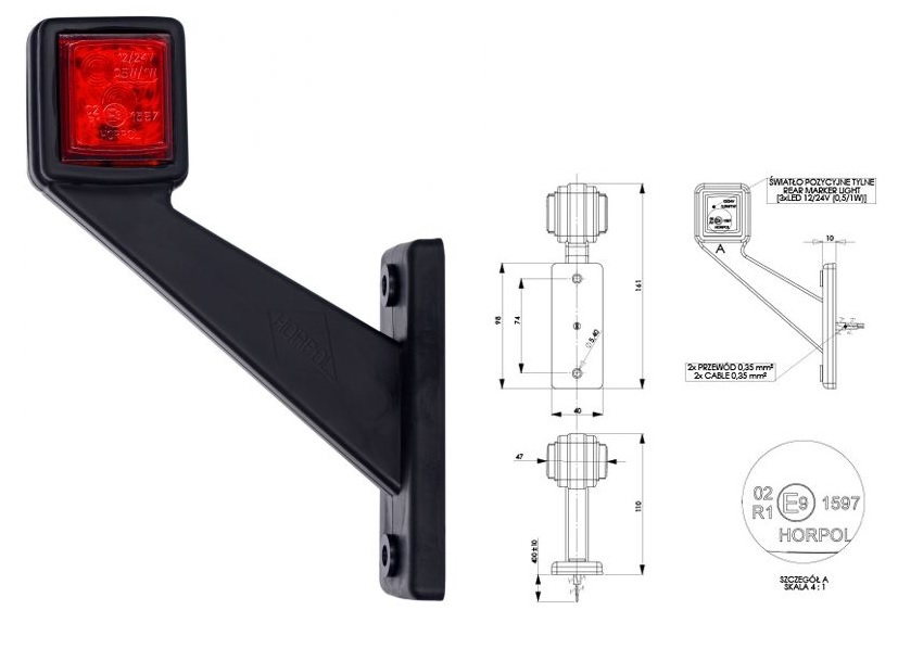Svítilna poziční - tykadlo L 12V/24V 0,5/1W LED č/b krátká, kabel 0,4m