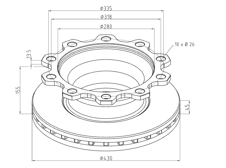 Kotouč brzdový 430x45x155 s kroužkem ABS SMB A2020, Knorr SB/SN7,Haldex DB20, Wabco Pan22