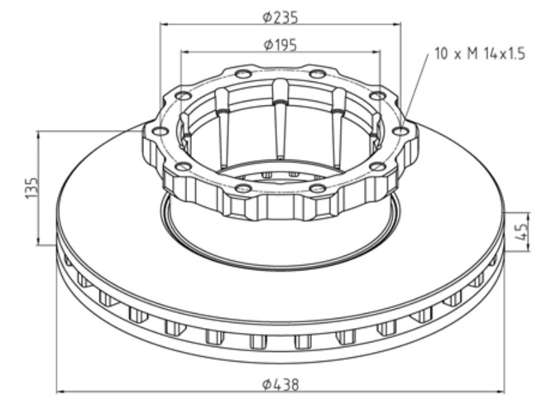 Kotouč brzdový 438x45x135 PN/ZN MERCEDES O404/O304/O303 Tourismo