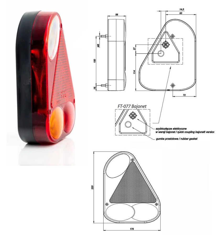 Svítilna zadní 12V EARPOINT III se zpátečkou a trojúhelníkem P/ bajonet