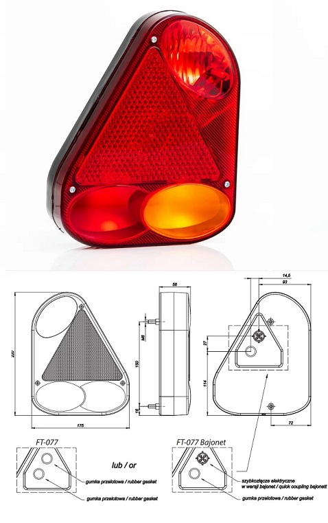 Svítilna zadní 12V EARPOINT III s mlhovkou a trojúhelníkem P/ bajonet