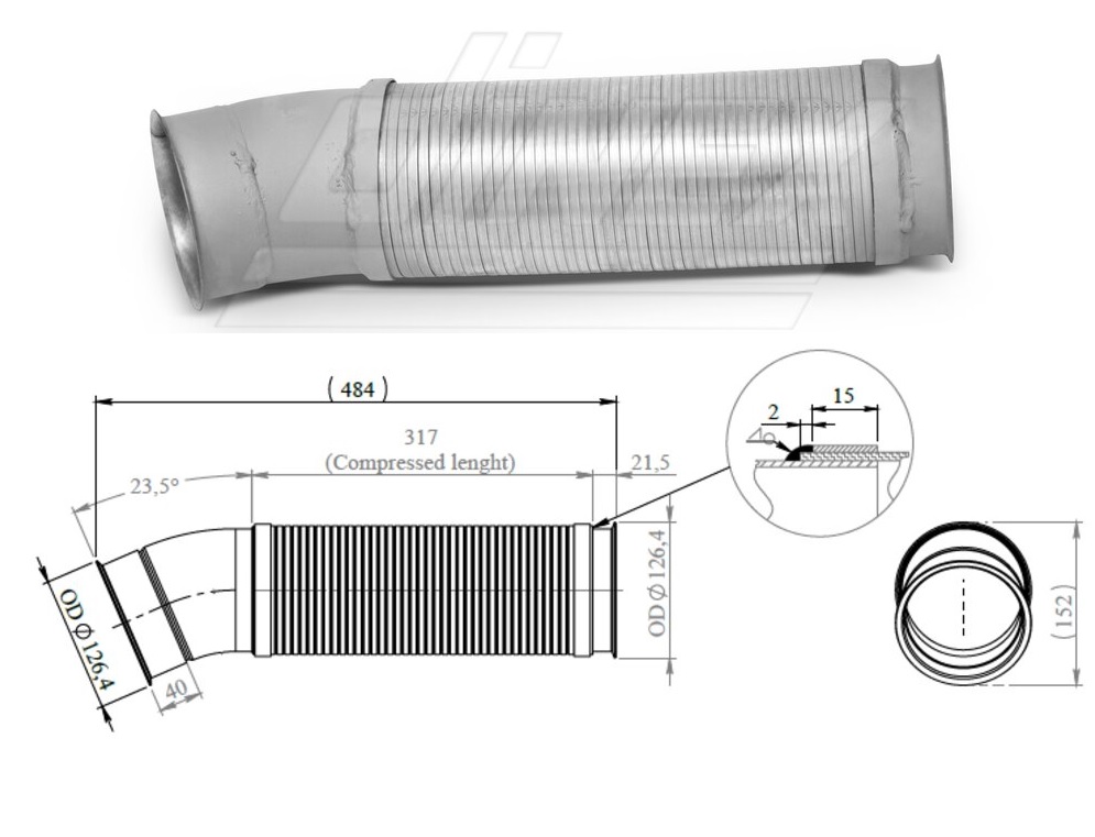 Trubka výfuku s pružným dílem 484mm SCANIA P,G,R,T DC13