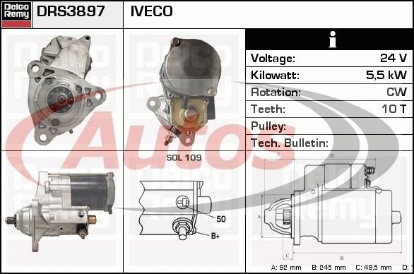 Startér 24V/5,5kW 10z IVECO E.Tech MP od 1999, E.Trakker do 11.2004, Stralis od 02.2002