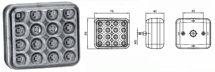 Svítilna zpátečky12V/36V 78x86 16xLED s kabelem 0,5m