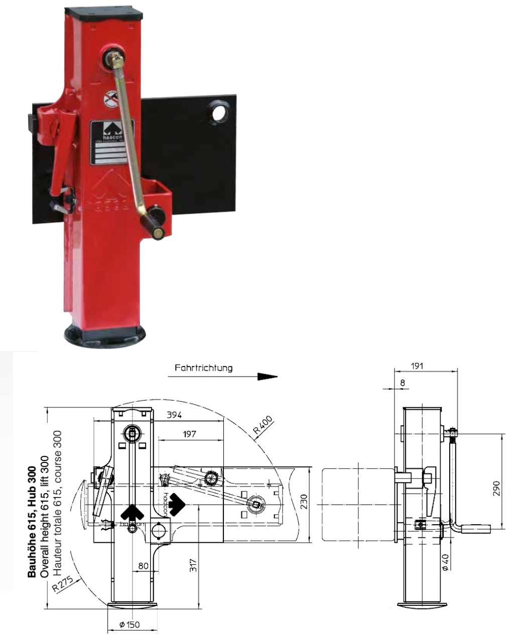 Noha podpěrná oje tandemového přívěsu S/DS615 zatížení 7 t/615+300mm/ 240N