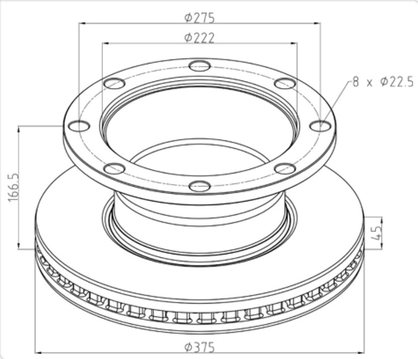 Kotouč brzdový 375x45x166,5 bez kroužku ABS ZN RVI Midlum, Midlum DXi5/7, VOLVO FLII