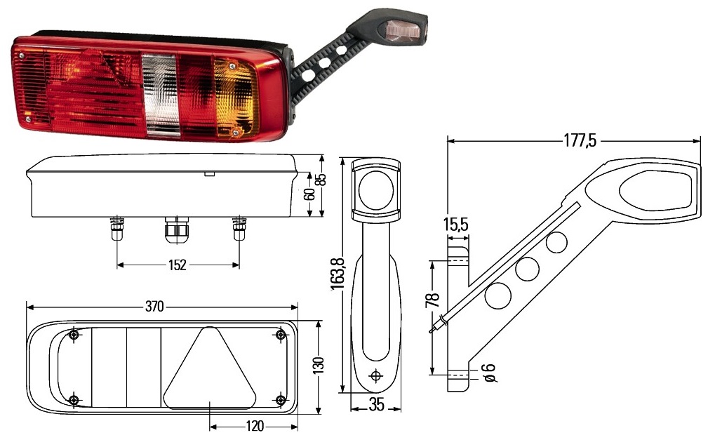 Svítilna zadní P 7-dílná s trojúhelníkem a poziční svítilnou-tykadlem