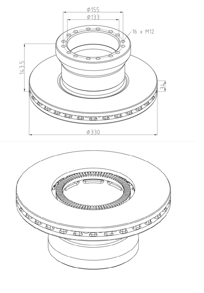 Kotouč brzdový 329x34x143,5 s kroužkem ABS PN DAF LF45 od 2005