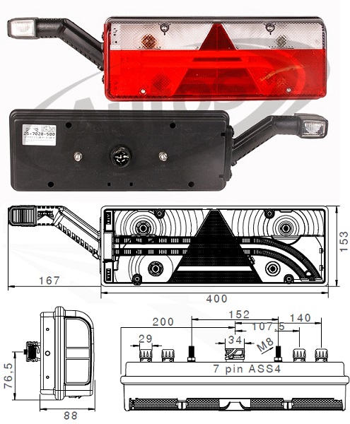 Svítilna zadní L EUROPOINT III s trojúhelníkem a poziční svítilnou, zástrčka 4x2 pin ASS2
