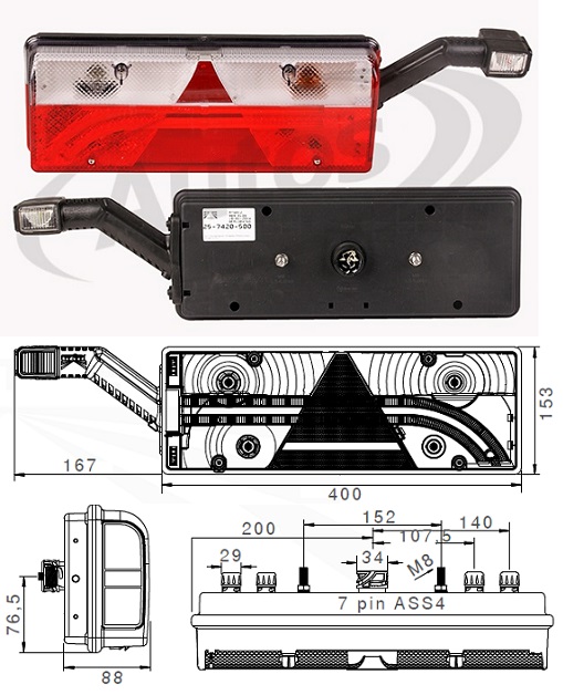Svítilna zadní P EUROPOINT III s trojúhelníkem a poziční svítilnou, zástrčka 4x2 pin ASS2