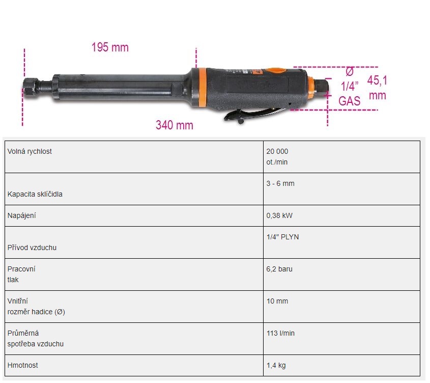 Bruska pneumatická  přímá prodloužená - 1/4" sklíčidlo 3mm a 6mm / 6,2bar / 25.000 ot.