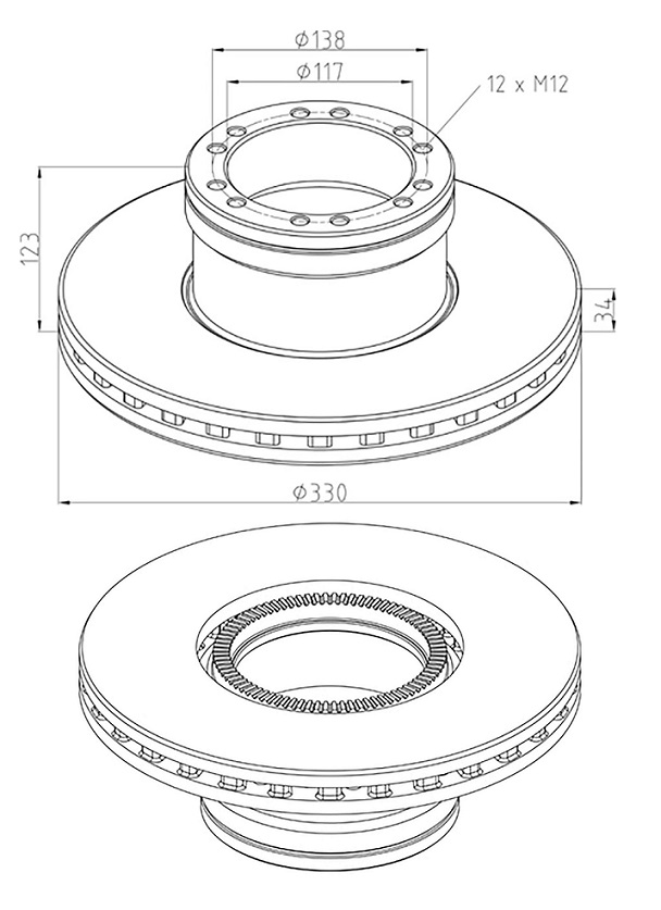 Kotouč brzdový 329x34x123 s kroužkem ABS PN DAF 45LF od 11.2000