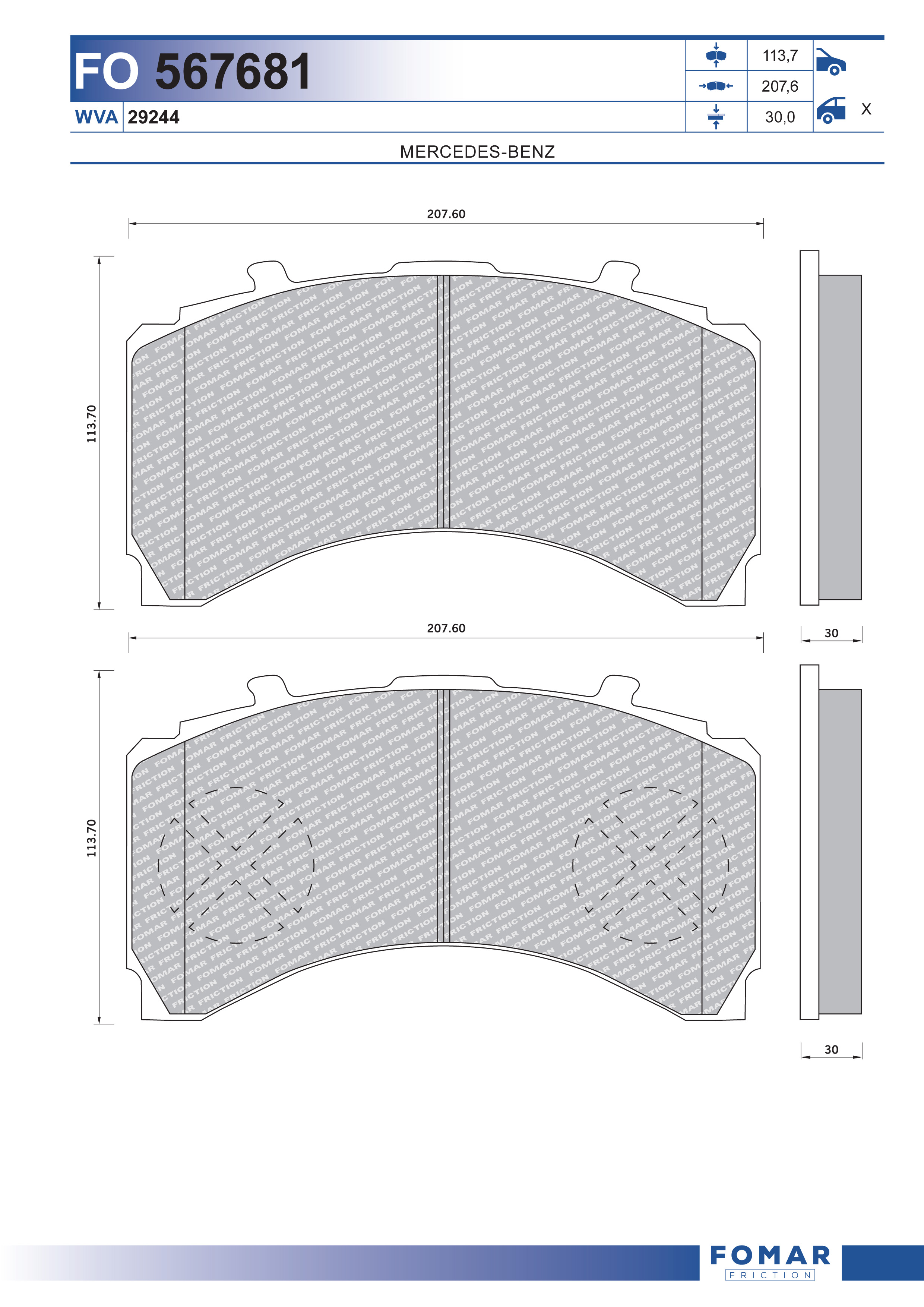 Deska brzdová 29244 Fomar 207x113,7x35 KNORR SL7 ZN MERCEDES Actros MP4 od 2011