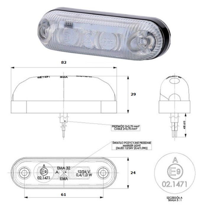 Svítilna poziční 12V/24V 0,4/1,0W 3xLED bílá bez držáku, kabel 0,45m