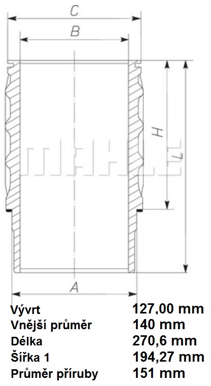 Vložka válce 127mm s kroužky SCANIA P,G,R,T DC12/10/13/14/15//DT11/12/03/12/11/15/17