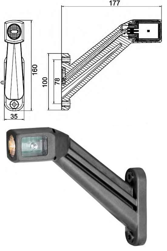 Svítilna poziční - tykadlo L 24V LED č/b/o, kabel 0,5m se zástrčkou EasyConn 90°