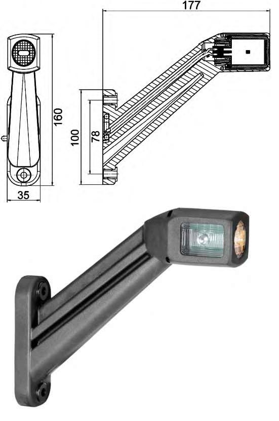 Svítilna poziční - tykadlo P 24V LED č/b/o, kabel 0,5m se zástrčkou EasyConn 90°
