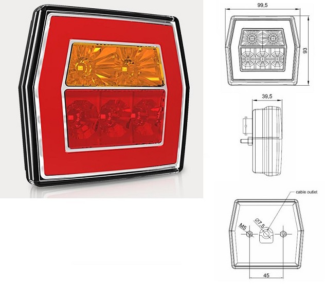 Svítilna zadní 3-dílná 12V/24V 99,5x93mm FT-122 LED s kabel 1m