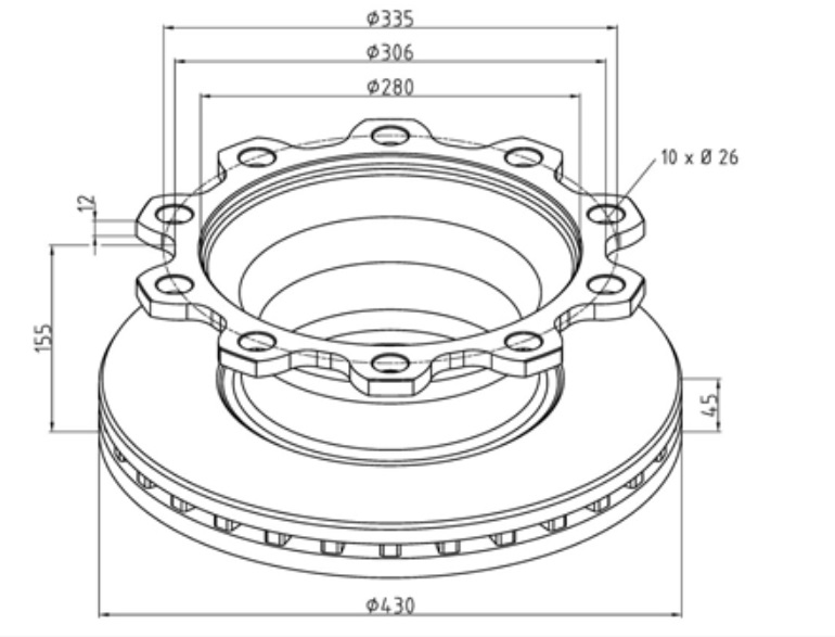 Kotouč brzdový 430x45x155 s kroužkem ABS SMB A2020 D1-09,Knorr SB/SN7,Haldex DB20,Wabco