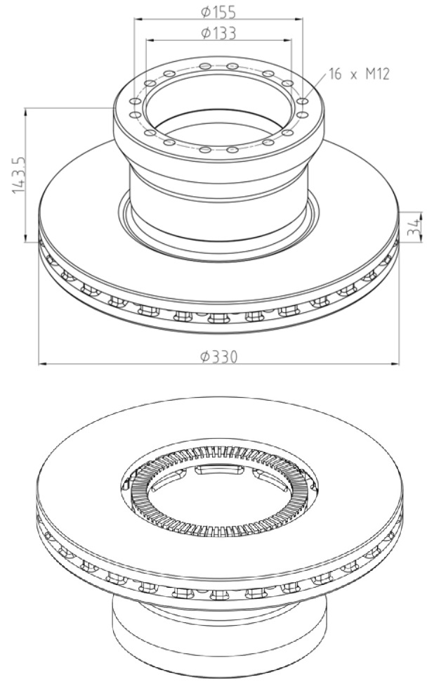Kotouč brzdový 329x34x143,5 s kroužkem ABS PN DAF LF45 od 2005