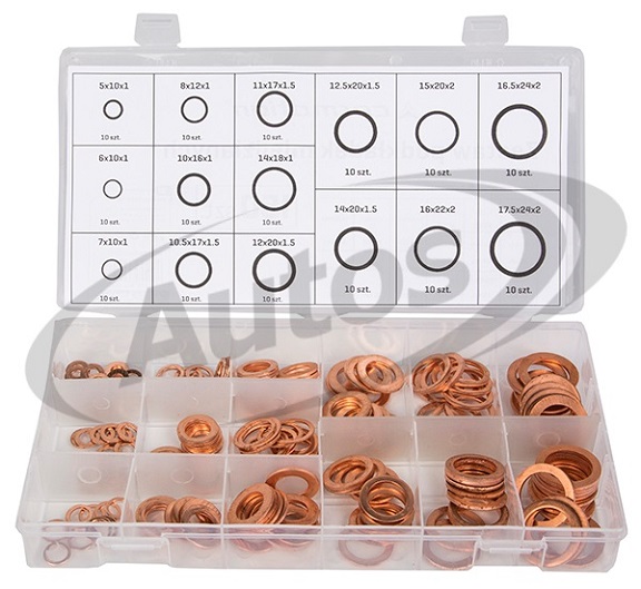 Kroužek těsnící Cu 5/6/7x10x1, 8x12x1, 10x16x1, 10,5x17x1,5, 17x24x2, 18x22x2..sada 160 ks