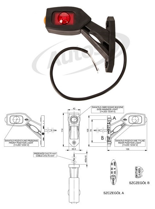 Svítilna poziční - tykadlo L 12V/24V LED č/b/o, kabel 0,4m