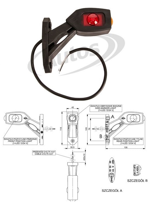 Svítilna poziční - tykadlo P 12V/24V LED č/b/o, kabel 0,4m