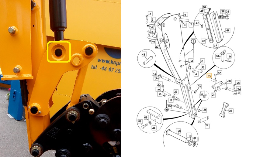 Čep ucha hydraulického válce "Bucket" 845x240mm JCB 3CX,4CX do 939677 do 06.2003