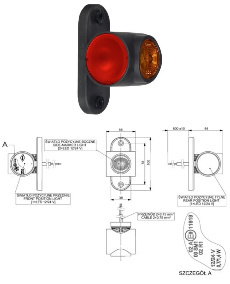 Svítilna poziční - tykadlo 12V/24V 0,7W/1,4W LED č/b/o, kabel 0,5m