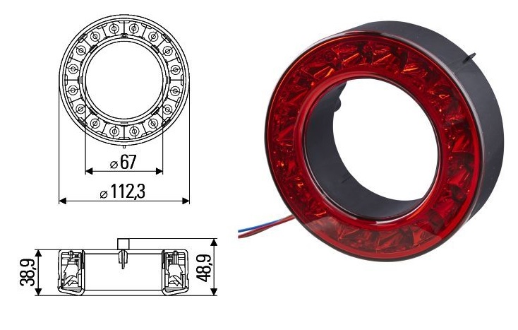 Svítilna zadní L/P 24V kulatá 16xLED, koncová/brzdová,  kabel 0,25m 