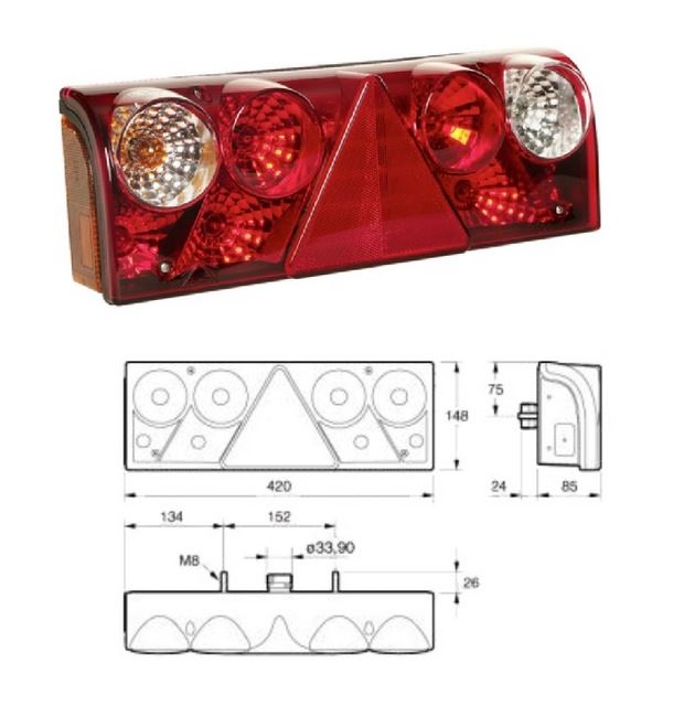 Svítilna zadní L EUROPOINT II s trojúhelníkem, zásuvka 7pin, SCHMITZ