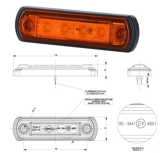 Svítilna poziční 12V/24V 0,5W/1W 4xLED oranžová, kabel 0,25m