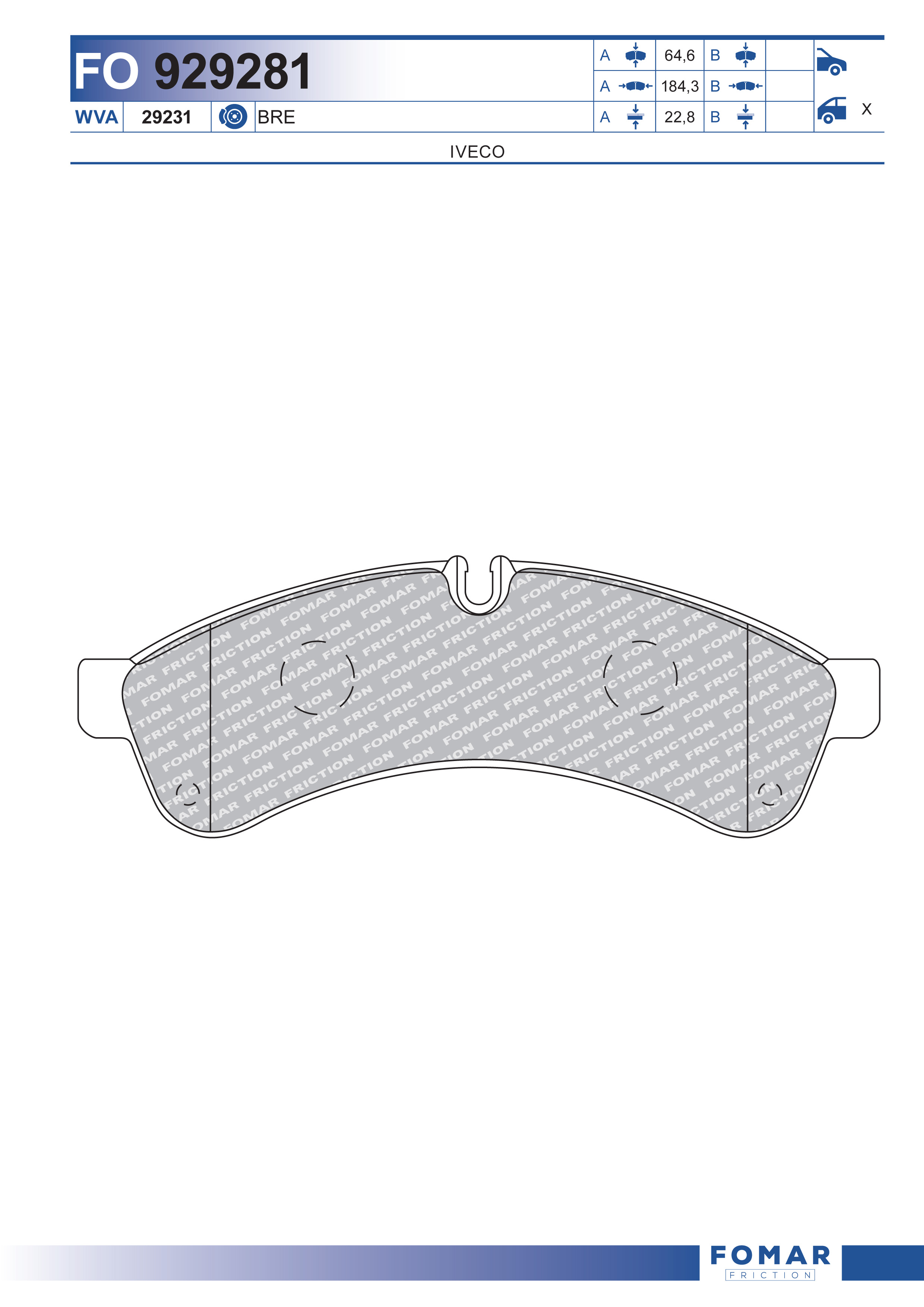 Deska brzdová 29231 Bendix 184,2x64,7x22,7 ZN IVECO Daily III, IV