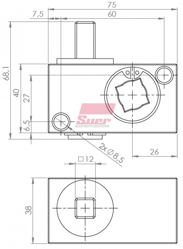 Napínač plachty 14x14/40x75mm - čtyřhran P, montážní otvor bez závitu