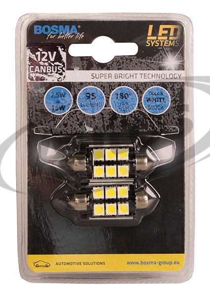 Žárovka sufit LED 12V 6XSMD 5050 SV8,5 bílá 15x39 Double Polarity Canbus BOSMA - sada 2 ks