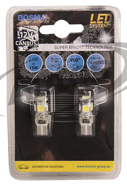 Žárovka LED 12V 5XSMD 5050 LED T10 WHITE DOUBLE POLARITY CANBUS - sada 2ks