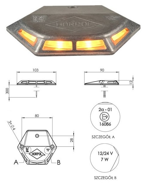 Svítilna výstražná plošiny zadního čela 12V/24V 7W oranžová, hliníková, kabel 0,3m
