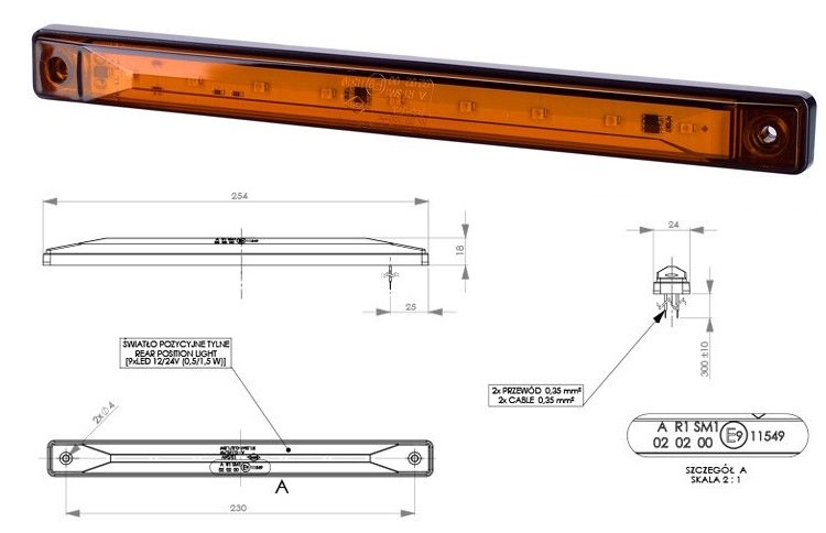 Svítilna poziční 12V/24V 0,5/1,5W 9xLED oranžová, kabel 0,3m