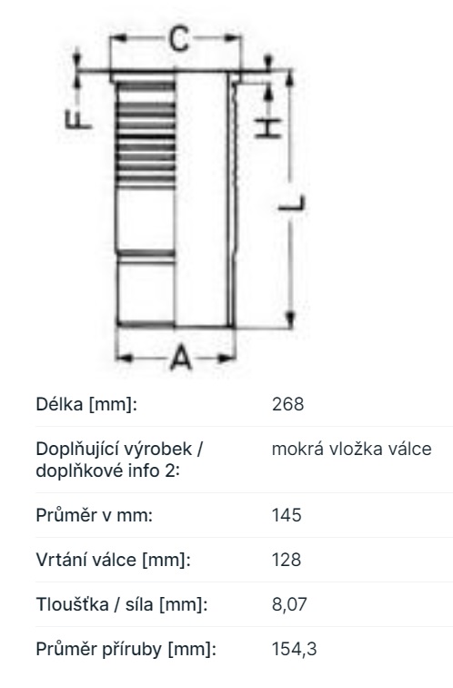 Vložka válce 130mm s kroužkyMAN TGA D2876LF12/13/25 Euro 3, NEOPLAN D2876LOH20/21